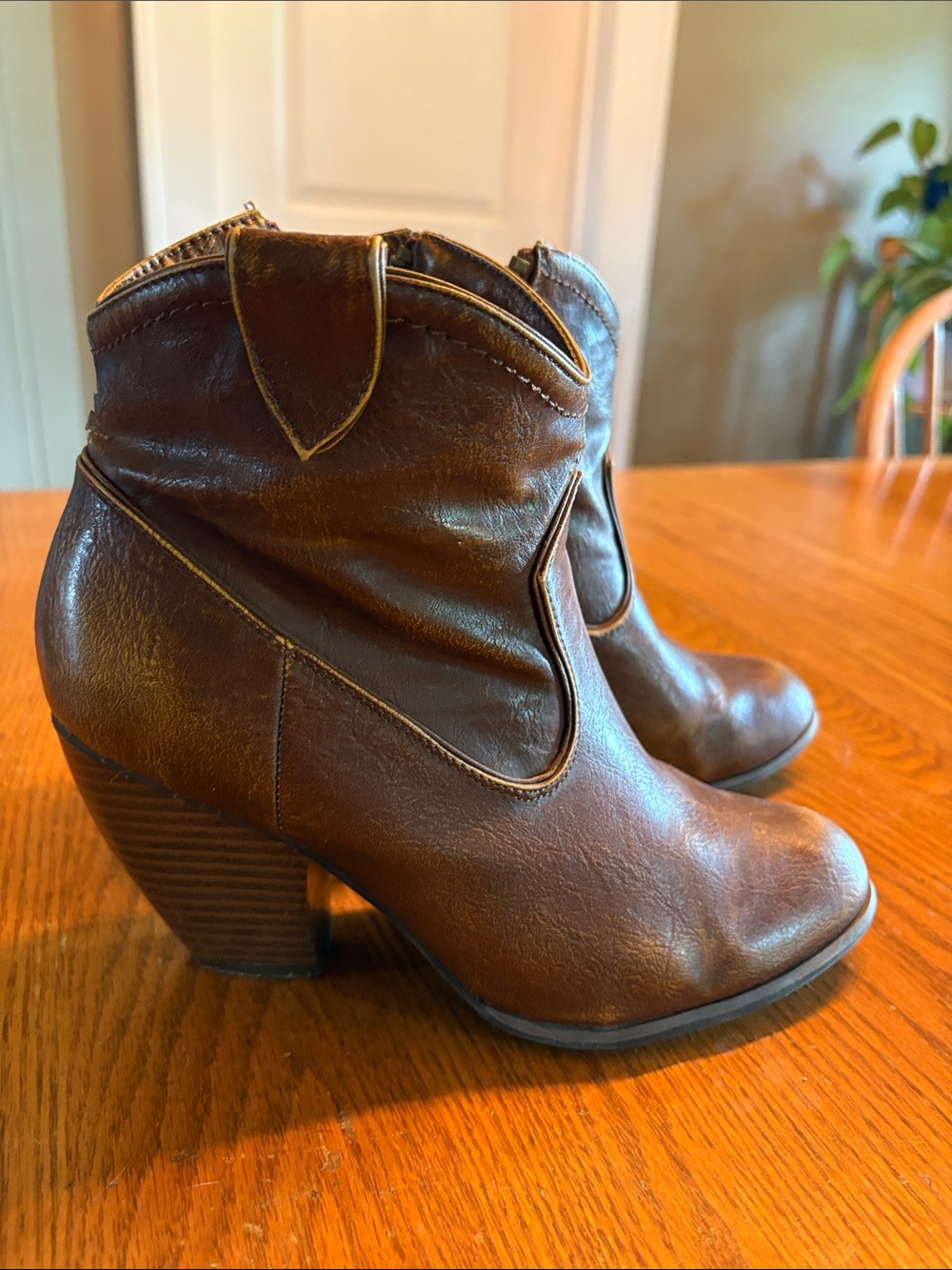Not Rated Brown Leather Ankle Booties with Stacked Heel